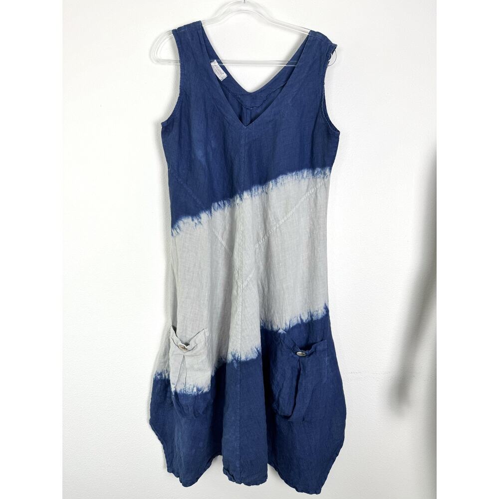Haris Cotton linen Blue and Gray Midi Dress lagenlook hippie tie dye